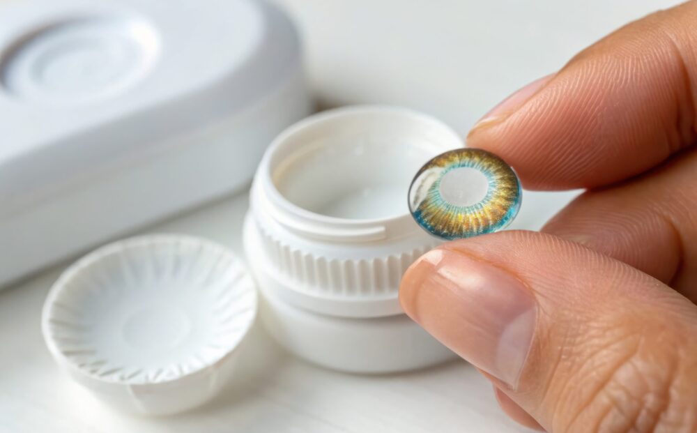 Close-up of a colored contact lens held by fingers next to open lens case